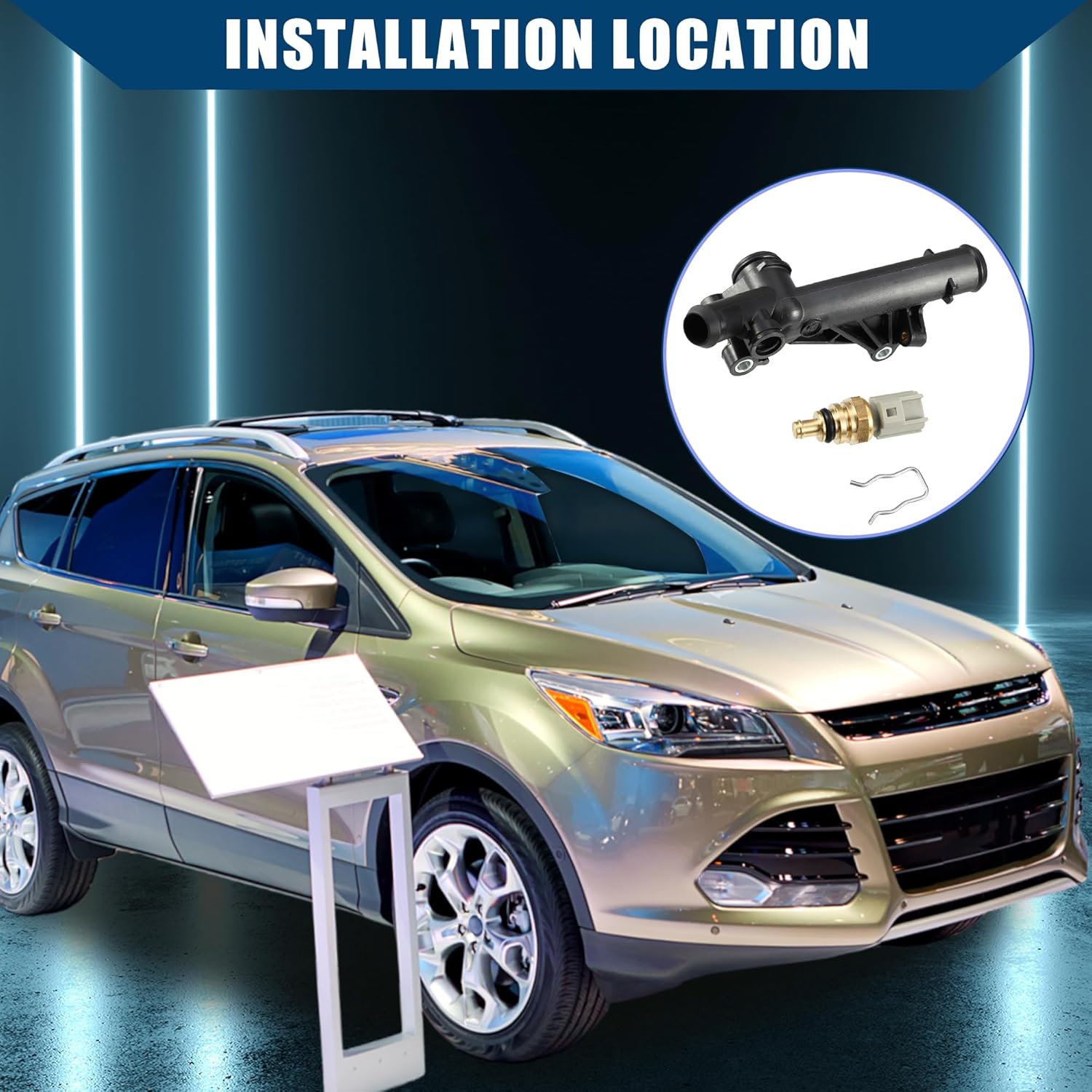 

BM5Z-8592-A/7M5Z12A648A Water Outlet Connect Adapter with Temp Sensor for Ford Vehicles - Black Plastic Metal - 3/4 inch, 19mm - 2 Ports - Check