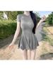 Korean Minimalist Solid Color Short Dress, Round Neck, Slim Fit, Petite Size, Summer Style