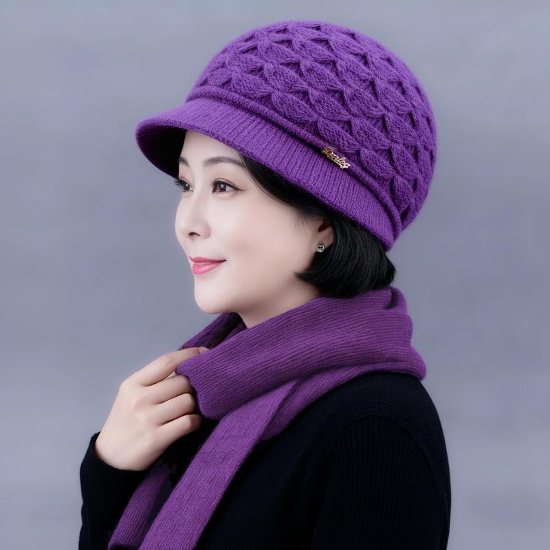 Dámská zimní vlněná čepice a šála: Hustý, Teplý, Odolný proti chladu pro střední věk a starší. Pletený design s plyšovou podšívkou.