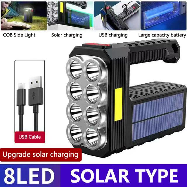 Outdoor Camping Searchlight 8LED Bulbs Solar Charging Handheld Flashlight USB Charge Portable Lamp 4 Bright Lighting Modes