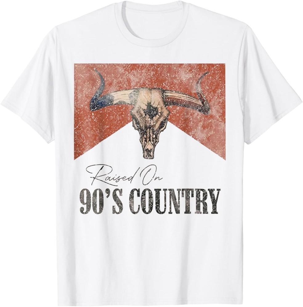 Vintage Western Bull Skull Raised On 90's Country Music T-Shirt