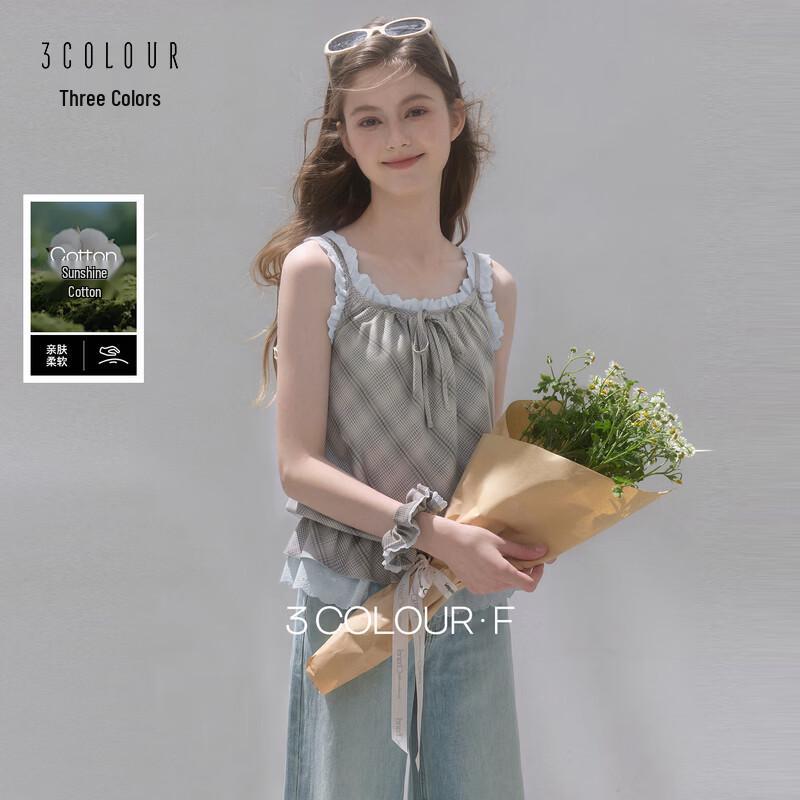Sancai 2026 Summer Plaid Sleeveless Blouse with Lace Trim S