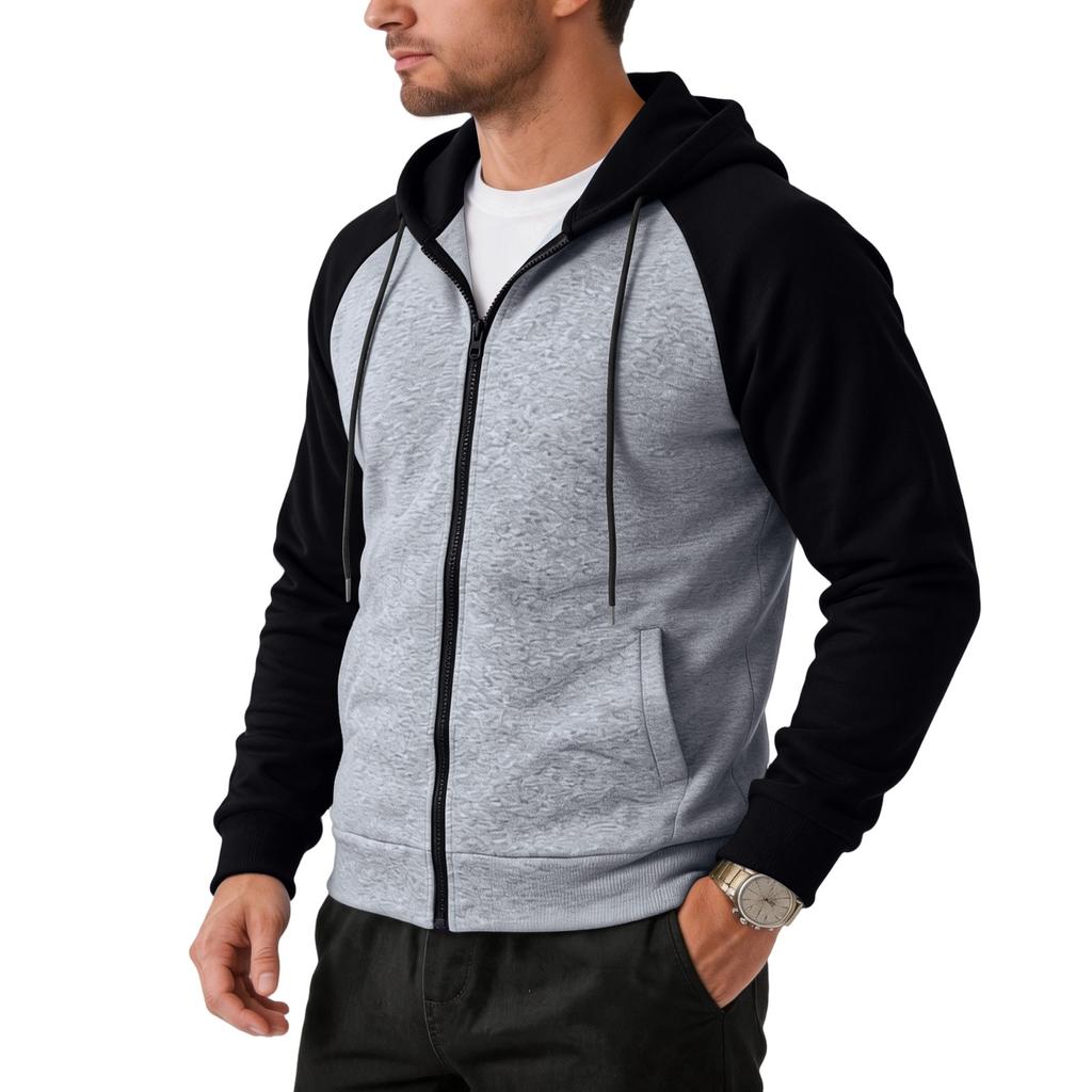Men's Casual Color Block Zip-Up Hoodie
