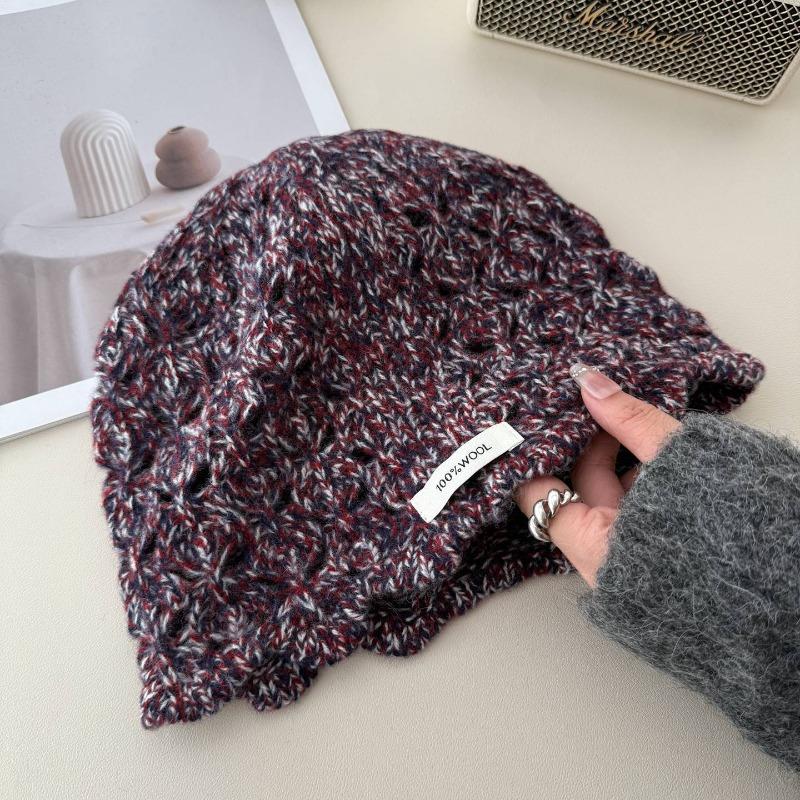 100% All-wool Crochet Knitted Hat, Women's Hollow Lace Niche Design Bag Head Wool Hat