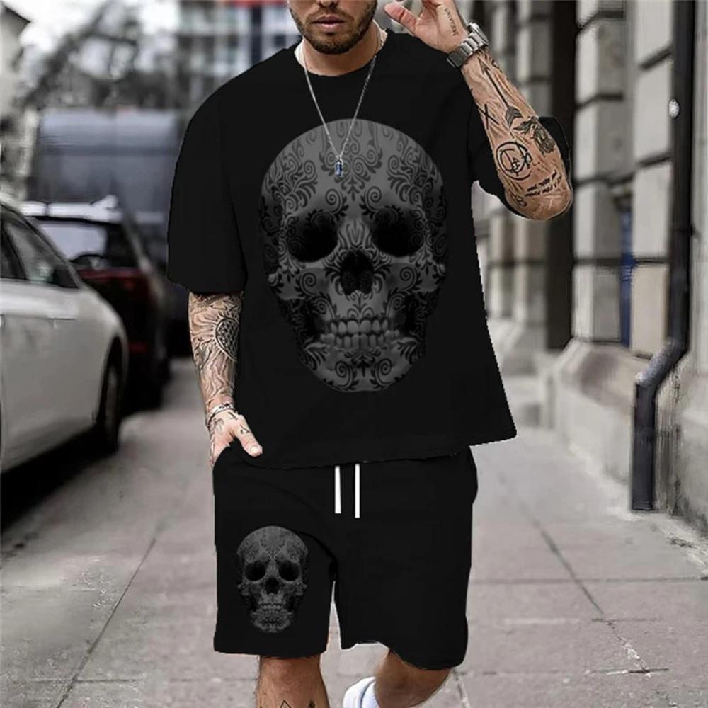 Summer New Casual Men's Skull Print T-Shirt Set Fashion Streetwear Tees Loose Oversized Breathable Soft Short Sleeves And Shorts