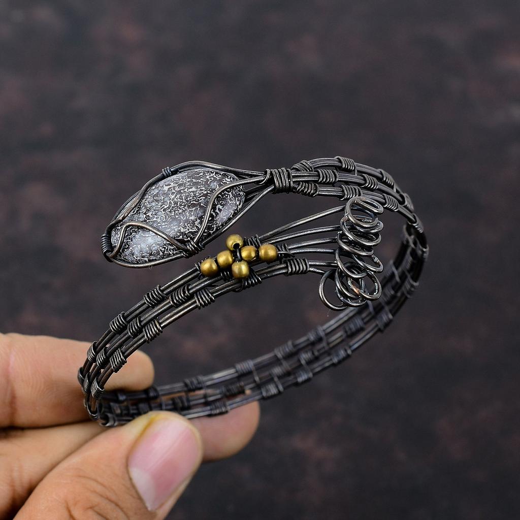 Dinosaur Bone Bangle Copper Wire Wrapped Cuff Bracelet Handmade Adjustable Bangle Copper Wire Wrap Jewelry Gemstone Bangle Anniversary Gift