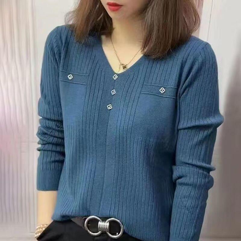 Women's Autumn Fashion Knitted Long Sleeve Sweater - Korean Style Loose Slimming Blouse