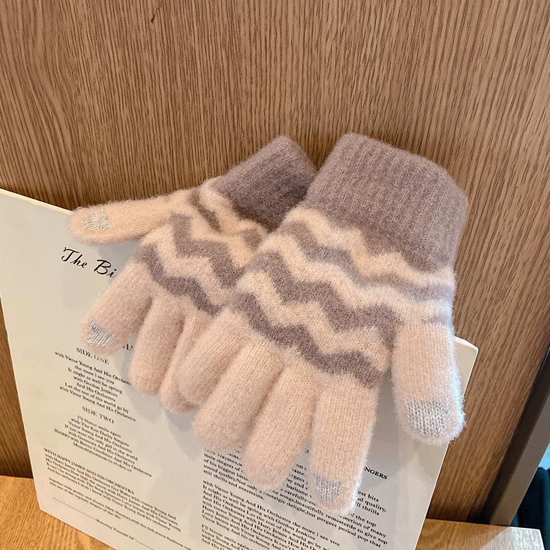 Warm Winter Gloves for Women Korean Couple Touch Screen Five Pointer Knitted Men Riding Bicycle Plus Velvet Student Thickened Cute Jacquard