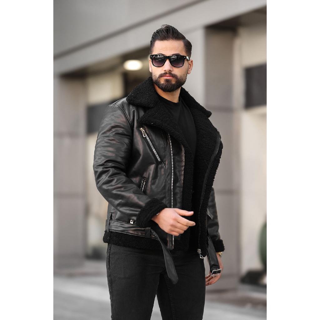 Laminated Leather Double-breasted Coat With Complete Fur Inside