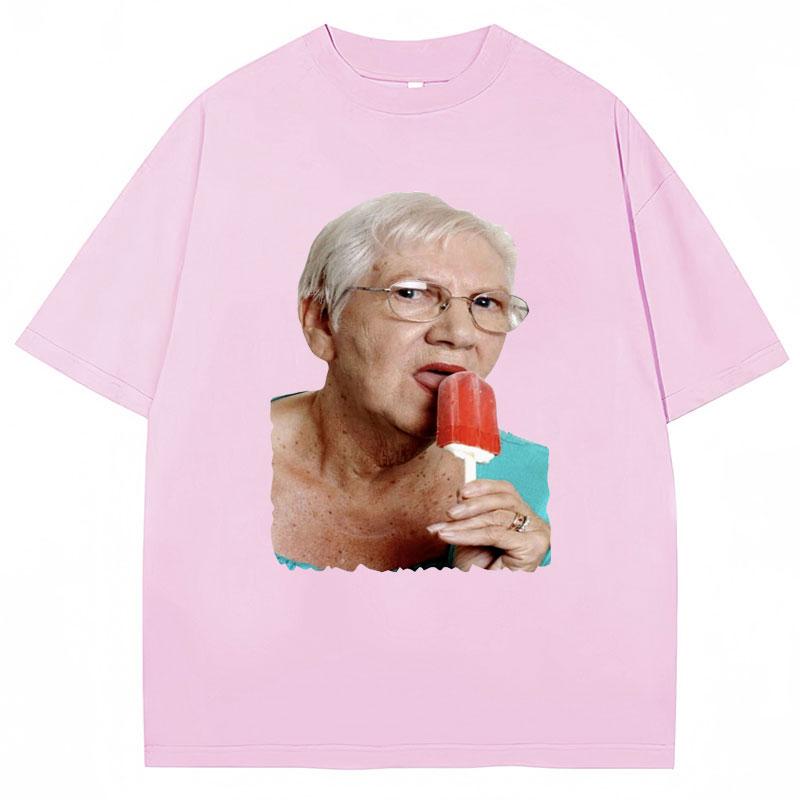 Funny Grandma Licking Red Popsicle Meme T Shirt Cute Granny Ice Cream Humor T Shirts Casual Cotton Oversized Unisex Women Tshirts