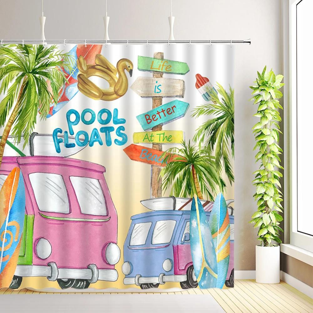 Beach Surf Camper RV Shower Curtain Tropical Palm Tree Travel Camping Car Summer Ocean Surfboard Bathroom Decoration with Hooks