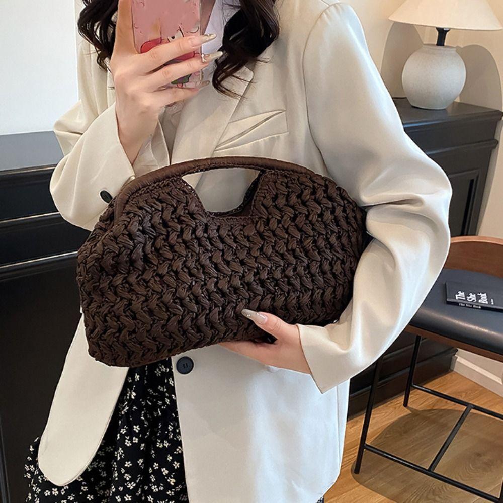 Large Capacity Woven Handbag Grass Clutch Crescent Bag Trendy Straw Bag Girls