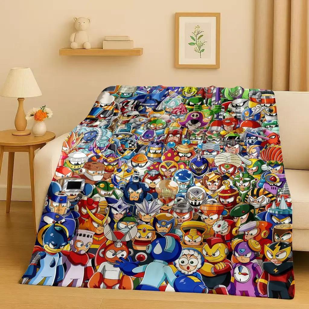 

3D Retro Game Rockman Mega Man Flannel Blanket,Ultra Soft Warm Plush Throw for Home Bedroom Bed Sofa Cover Office Travel Picnic 75x90cm