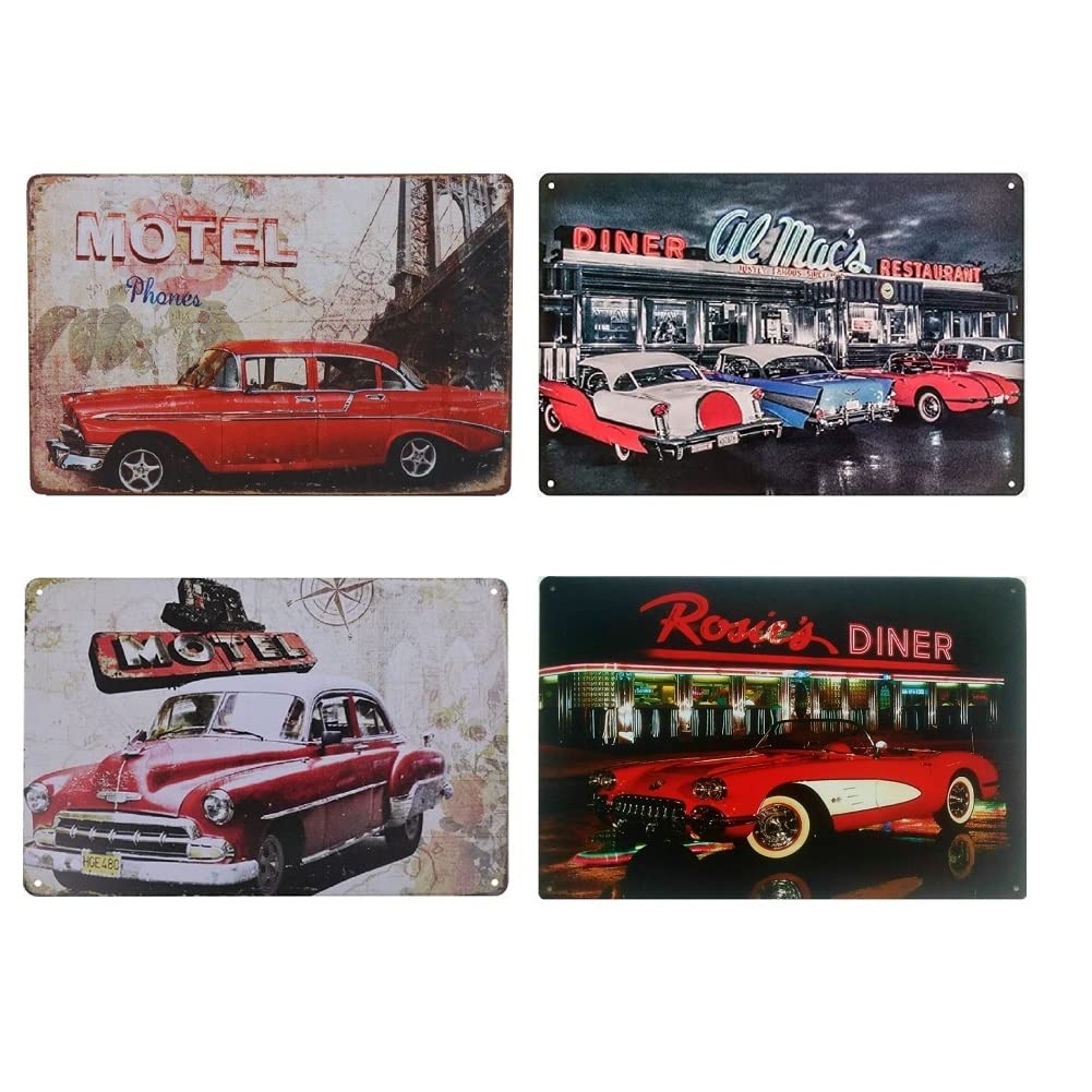KitMall 4-Piece Tin Sign, American Retro, MOTEL, Route66, Classic Car, DINER