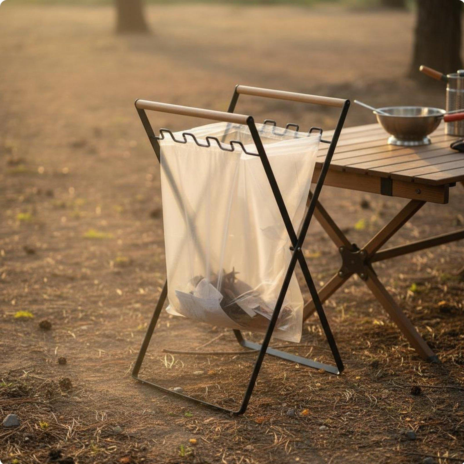 Foldable Garbage Rack Wooden Handle Portable Trash Bag Stand Freestanding Folding