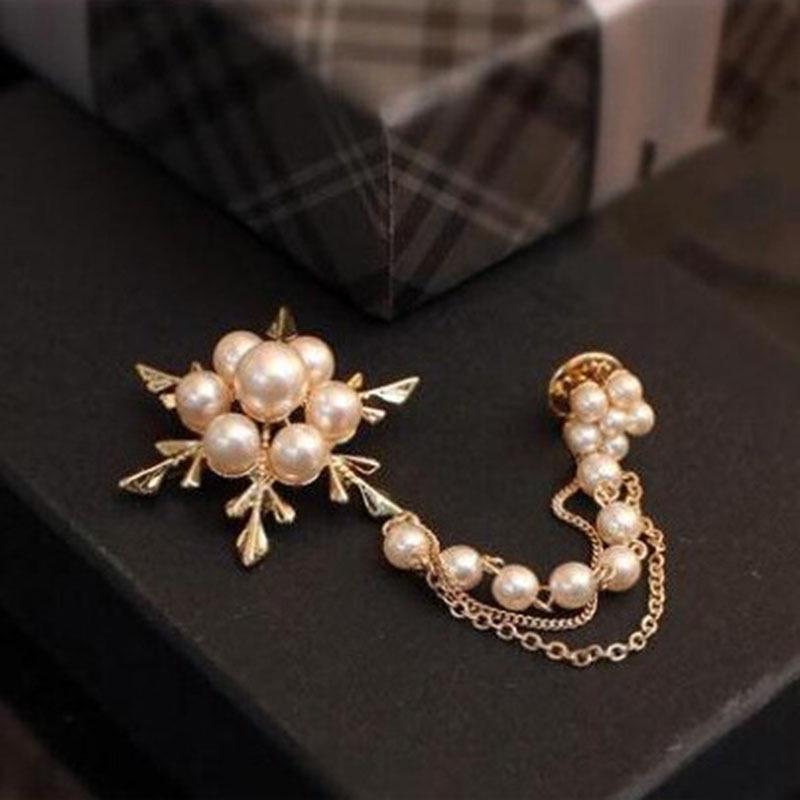 Korean Fashionable Snowflake Pearl Tassel Brooch for Women Alloy