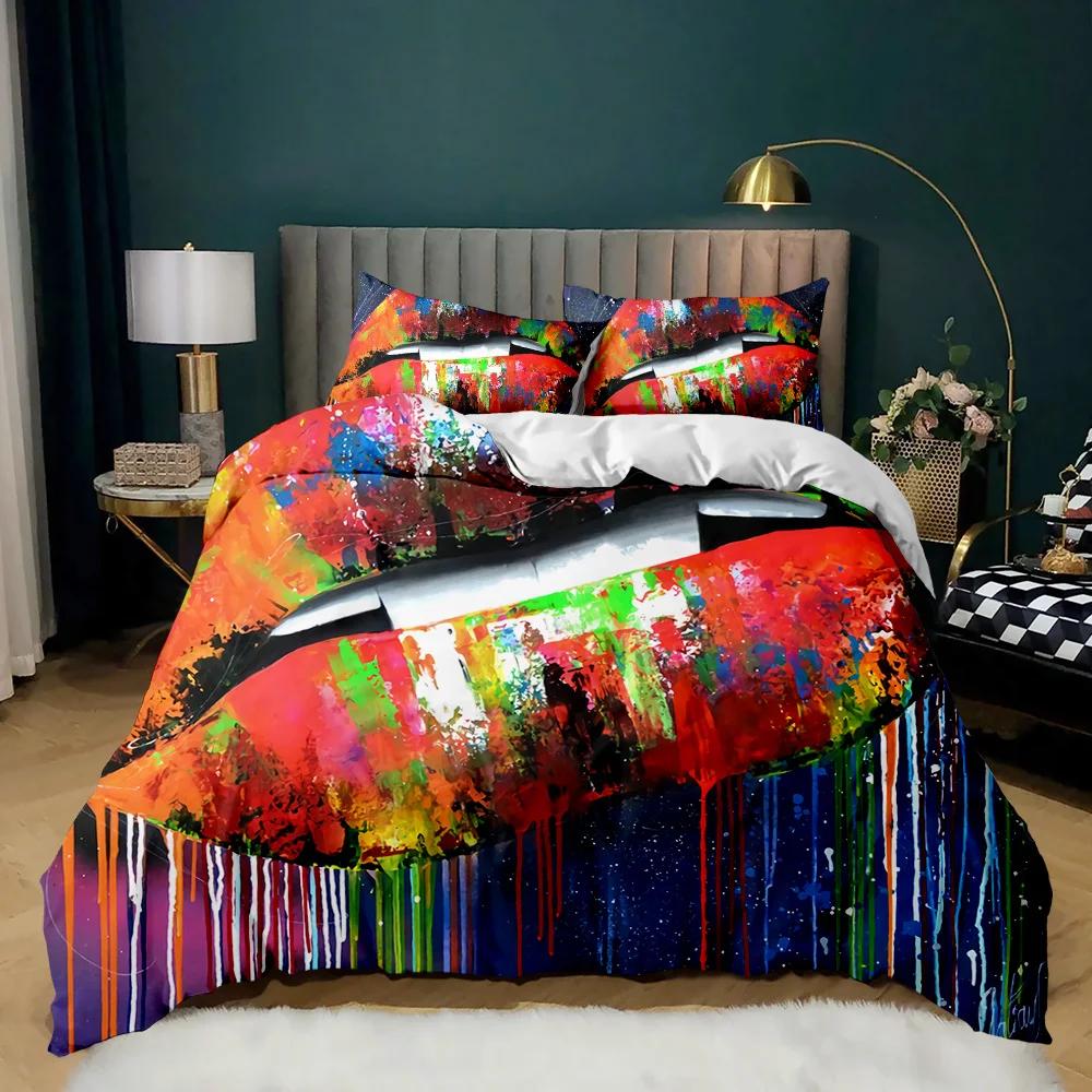 Lip Duvet Cover Set Golden Lip Bedding Set Sexy Adult Couple Twin Polyester Comforter Cover 3D Kiss Marks Double Queen King Size