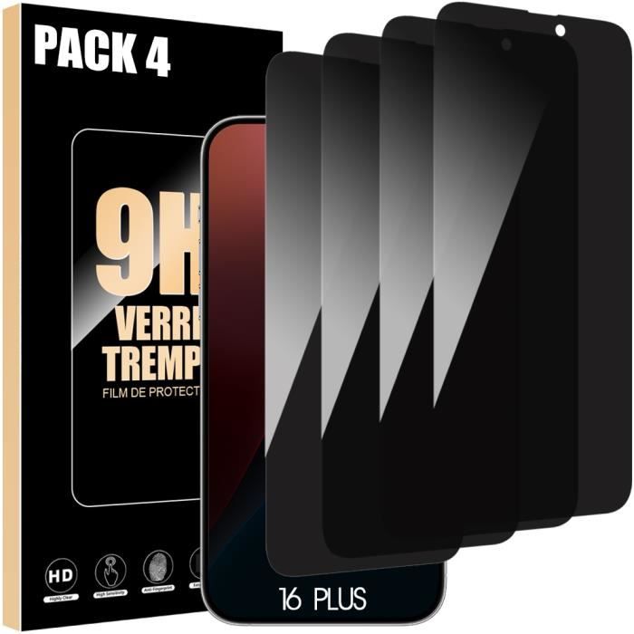 Film de protection en verre trempé - Noir - pour iPhone 16 Plus - Lot de 4 - Résistant aux rayures - Anti-espion