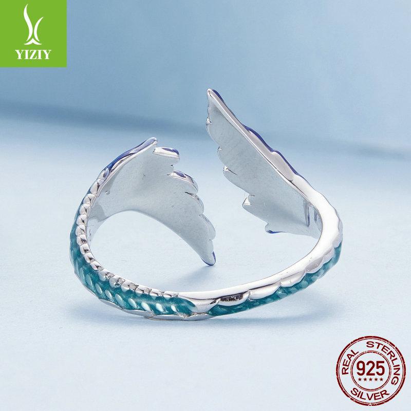 925 Sterling Silver Gradual Change Blue Wing Opening Ring Men And Women, Personality Trend Wing Adjustable Ring