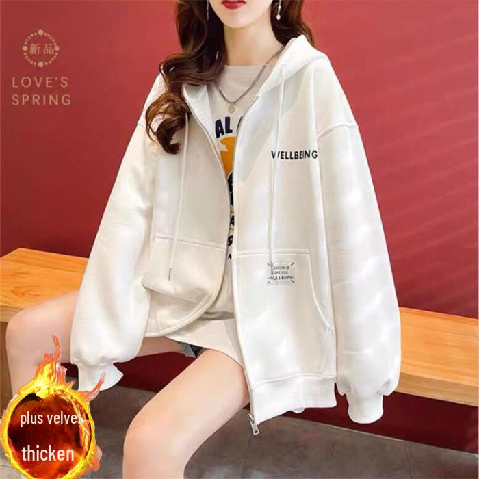 Chinese Cotton Silver Fox Velvet Hooded Cardigan Sweater with Back Collar and Print.