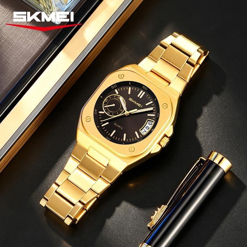 Mens Analog Quartz Wrist Watch Waterproof Luminous Dial Calendar Window Steel Band Square Dress Watches