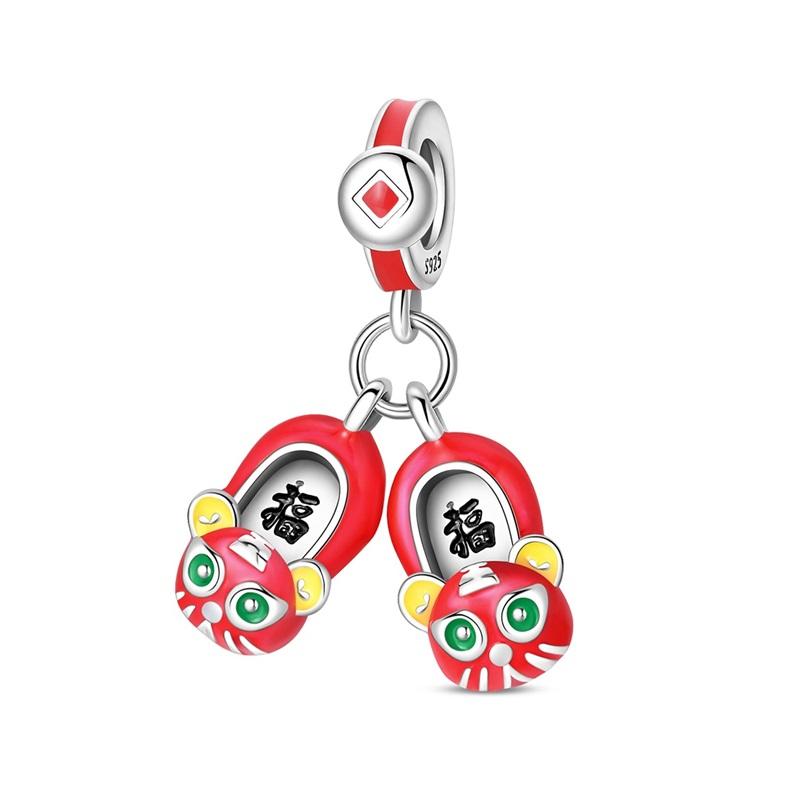 Red Series 925  Silver Camera Apple Heart-Shaped Koi Firecracker God Wealth Charm Fit DIY Bracelet Necklace Party Gifts