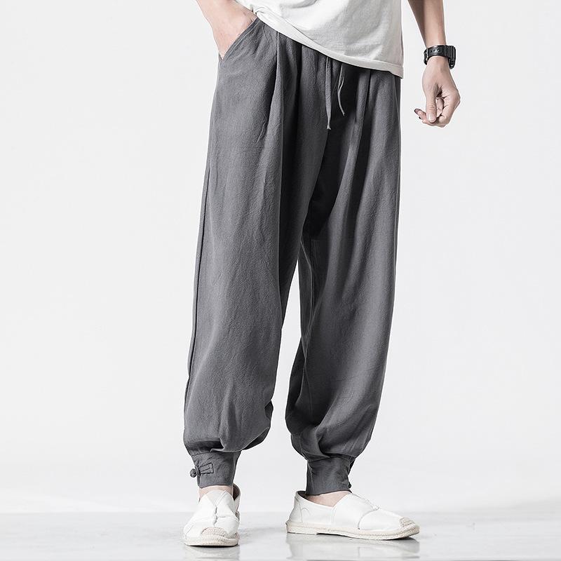 Loose Cotton-Linen Monk Pants with Hem - Lay Buddhist Meditation Wear for Spring and Summer