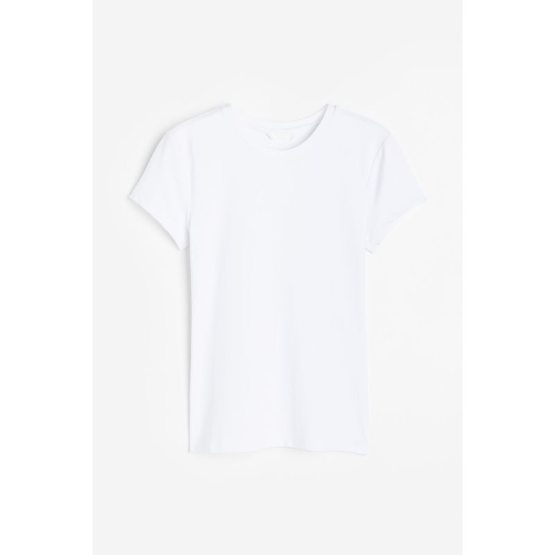 HM Women's T-shirt Fall Slim Fit Elastic Plaid Basic Style round Neck Short Sleeve Maillard Tops 1142908