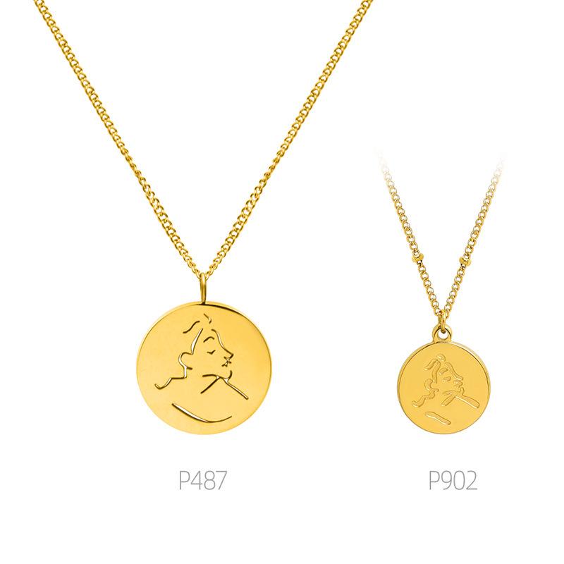 Korean Abstract Portrait Pendant Necklace - Gold Plated Titanium Steel
