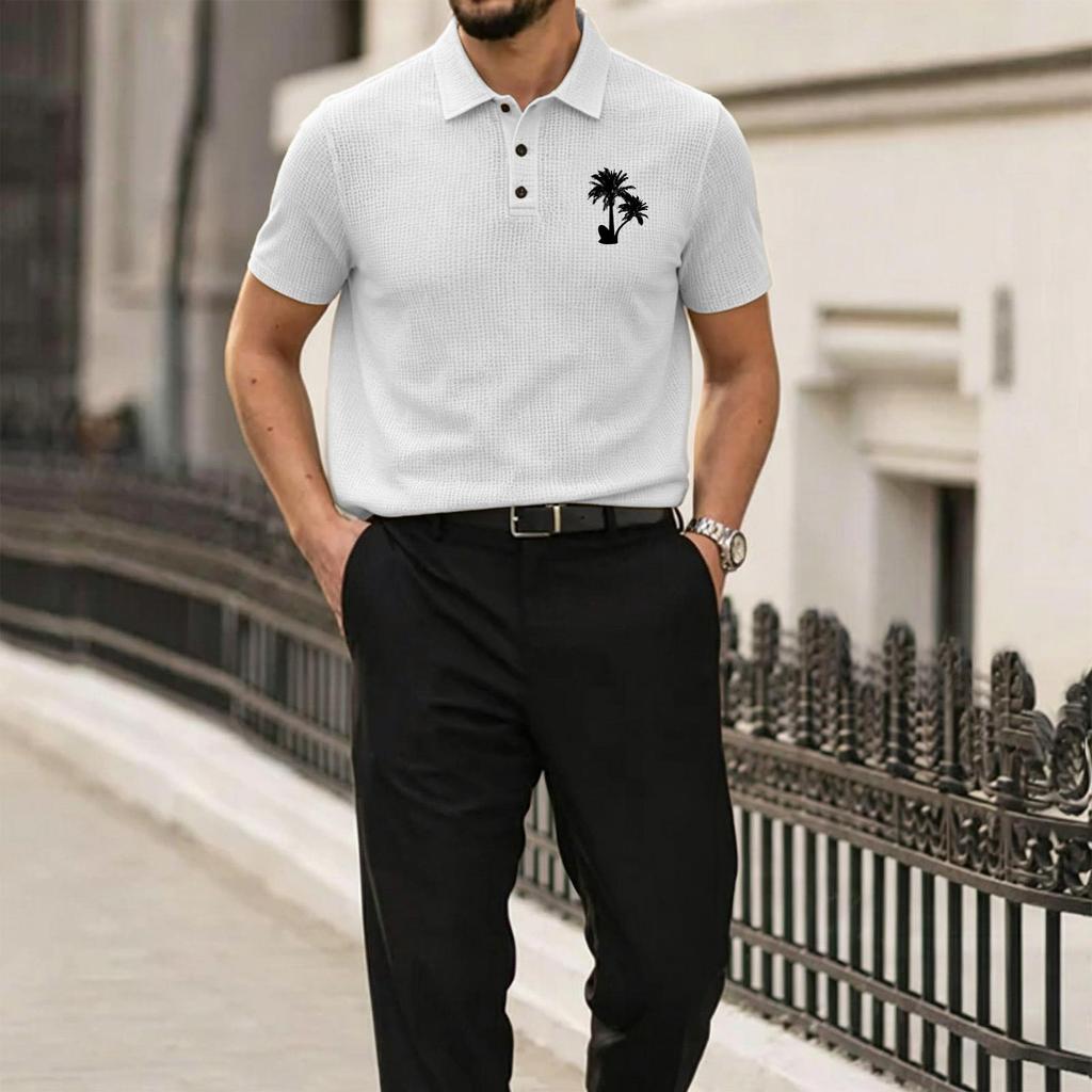 Men's Summer Premium Mesh Ice Silk Short Sleeve Polo Shirt Breathable Lightweight Casual Top with Palm Tree Embroidery