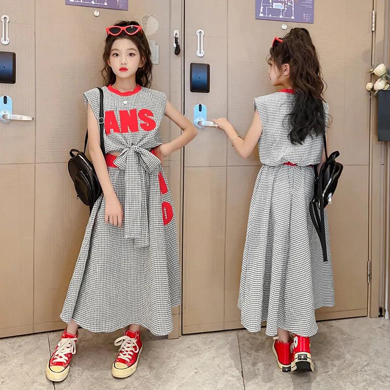 Sommer Set für Mädchen Mittel-Groß Kind Ärmellos Rundhals Pullover Oberteil + Rock Leichte Zweiteilige Garnitur