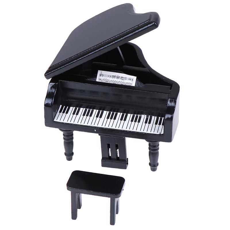 1:12 Dollhouse Miniature Black Wooden Grand Piano With Stool Model Play Toys