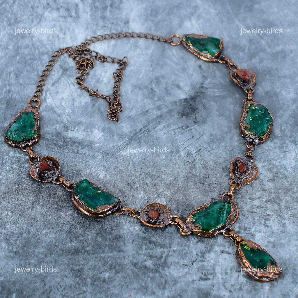 Fancy Green Tourmaline Gemstone Copper Electroformed Chain Handcrafted Necklace VP-109