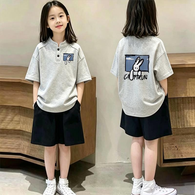 Korean Style Girls' Cotton Stand Collar Short Sleeve T-shirt & Polo Two-Piece Summer Set for Medium and Large Children