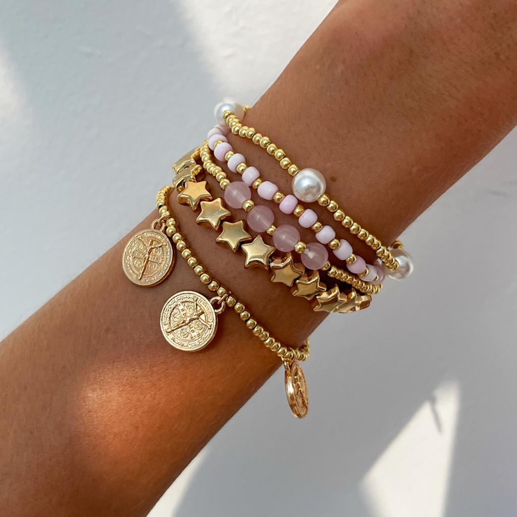 Bohemian Pentagram Beaded Elastic Bracelet, Fashionable Metal Tag Imitation Pearl Bracelet.