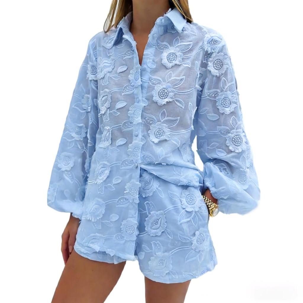 European & American Sexy Cotton Embroidered Set: Spring/Autumn See-Through Shirt & High-Waisted Shorts 2025