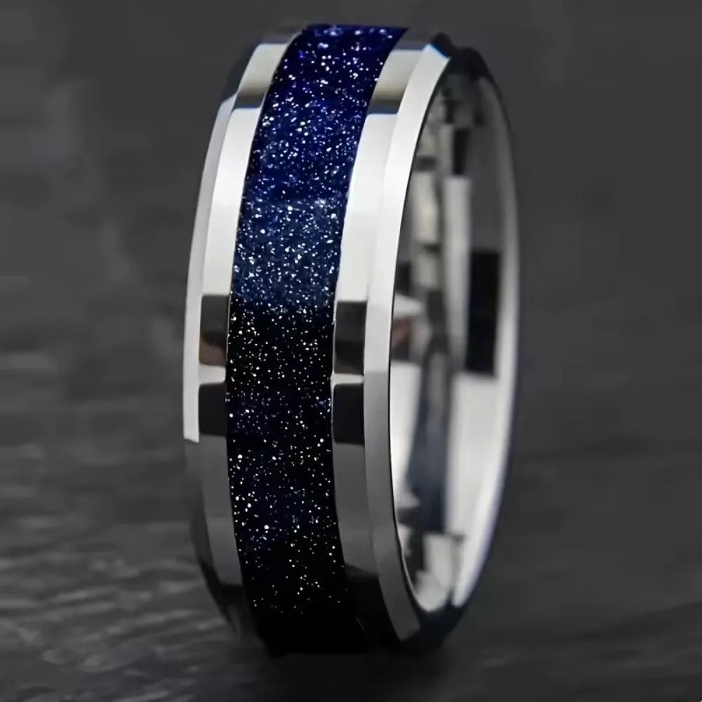 

8mm Blue Somen Men s Tungsten Carbide Ring Sandstone Inlay Beveled Edges High Polished Wedding Band Engagement Ring for Men 13