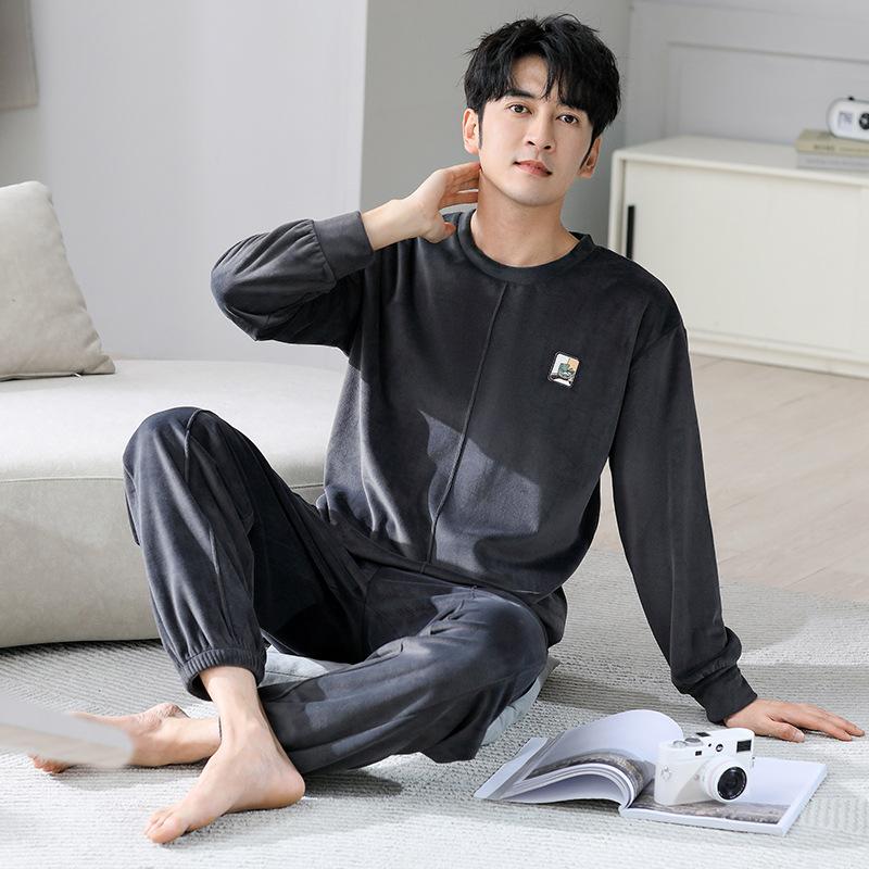 Autumn And Winter Coral Fleece Pajamas Men'S Thin Fleece Pullover To Keep Warm Island Fleece Spring And Autumn Men'S Loungewear Suit