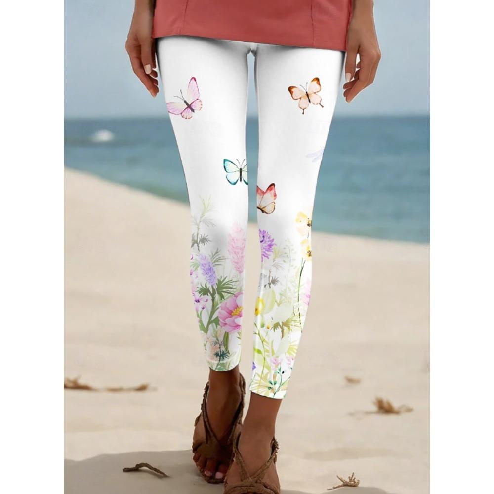 Damen Leggings Vintage Mode Lässig Knöchellang Hoher Bund Aquarell Blumenmuster Druck Thermisch Warm Weich Atmungsaktiv Mikro-elastisch