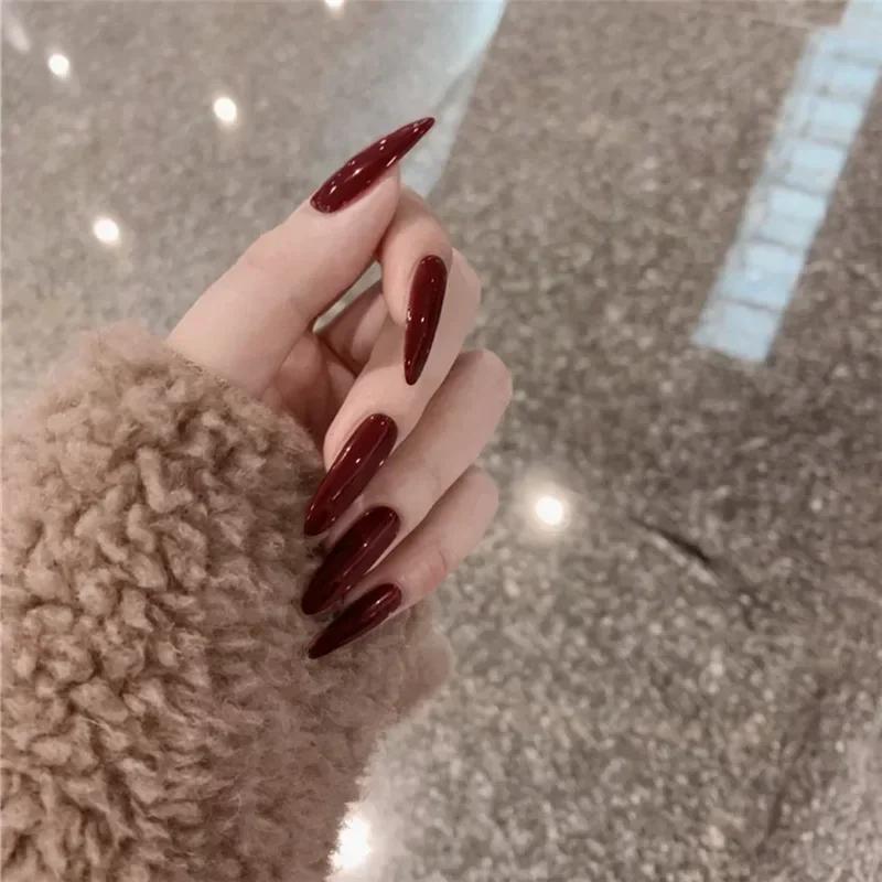 24Pcs Red Almond False Nails Pure Grey French Tips With Glue Glitter Detachable Press On Nails Art