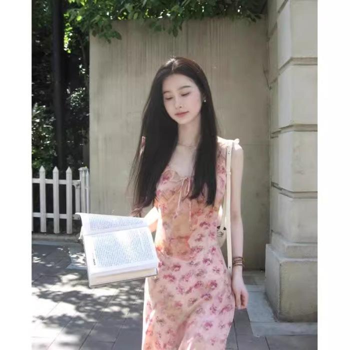

Lychee is sweet or not sweetie suspender dress women s summer new waist lace French pink floral skirt S
