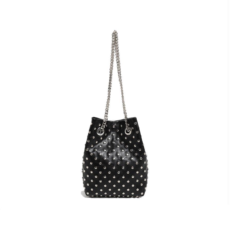 Punk-style Personalized Rivet Drawstring Bucket Bags Shopping Tote Bag PU Leather Women's Handbag Satchel Chains Shoulder Bags