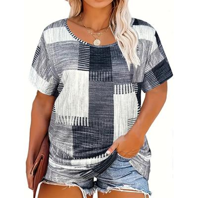 Classic Women's T-shirt Summer Round Neck Short Sleeve Tops Plaid Pattern Print Outdoor T Shirts Casual Oversize Clothing