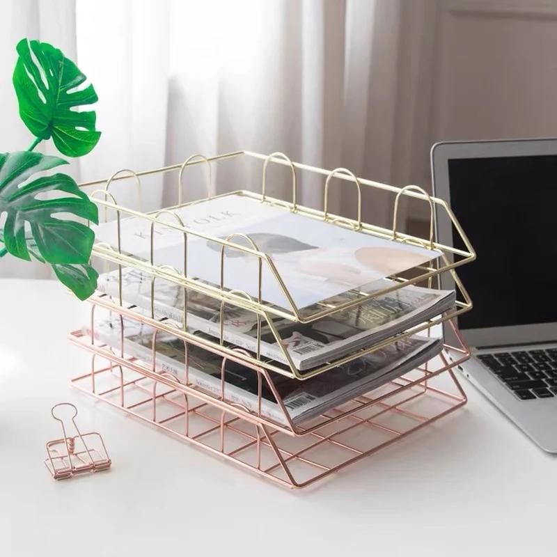 Rose Gold Metal Magazine Holder - Stackable Storage Basket for Office Desktop A4 Paper & Newspapers