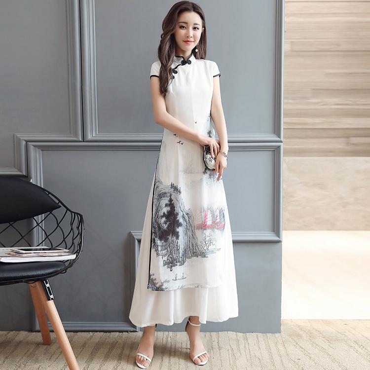 Improved Cheongsam Women's Retro Chinese Landscape Painting Style Long Dress