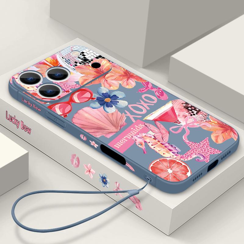 For iPhone 17 Pro Max Case Pink Cartoon Floral Pattern Soft Silicone Lanyard Cover For iPhone 16 Pro Max Cover iPhone 15 14 13 12 11 16E Air