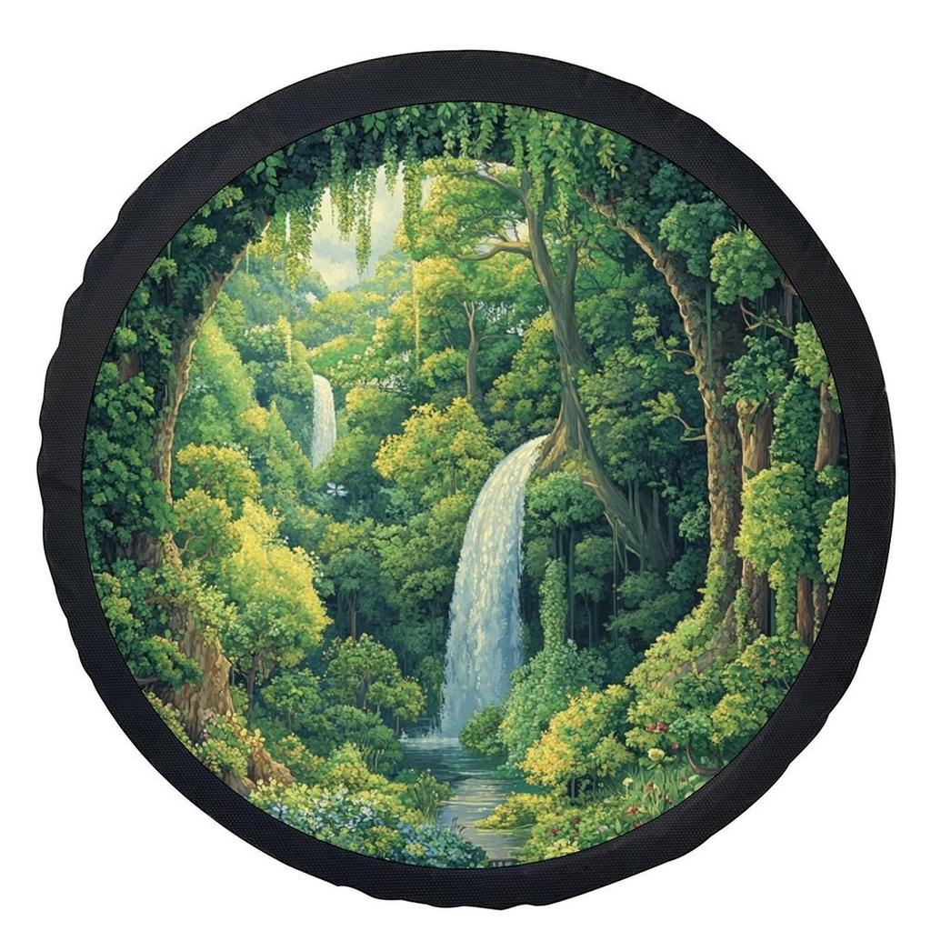 1pc Of A Tire Cover Featuring A Waterfall In An Enchanted Forest Design, Stylish And Universal For Wheel Protection, Compatible