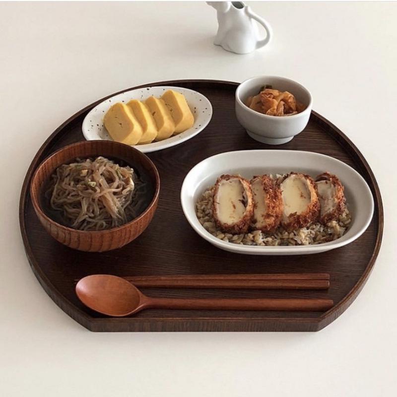 Japanese-Style Wooden Tableware Set: Breakfast Plate & Round Tray