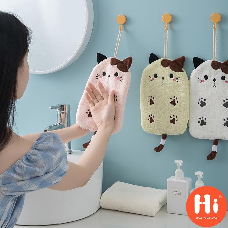 

Привет, 1 шт., подвесное полотенце двойного назначения, впитывающее коралловое бархатное полотенце для рук с вышивкой кота, принадлежности для ванной комнаты, украшение дома, привет