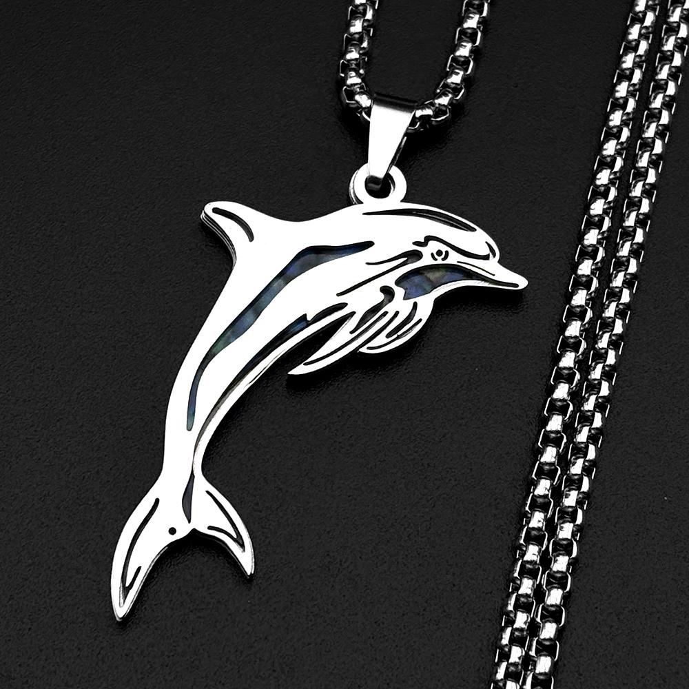 Jumping Dolphins Pendant Necklace For Women Men Stainless Steel Abalone Shell Ocean Clavicle Neck Chain Animal Jewelry Gifts